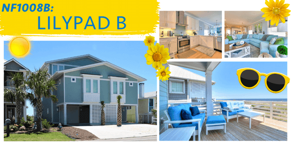 Picture collage of exterior and interior images of Lilypad B Carolina Beach vacation rental.