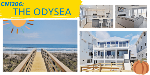 Picture collage of exterior and interior images of The Odysea Carolina Beach vacation rental.