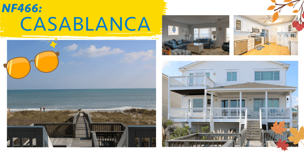 Picture collage of exterior and interior images of Casablanca Kure Beach vacation rental.